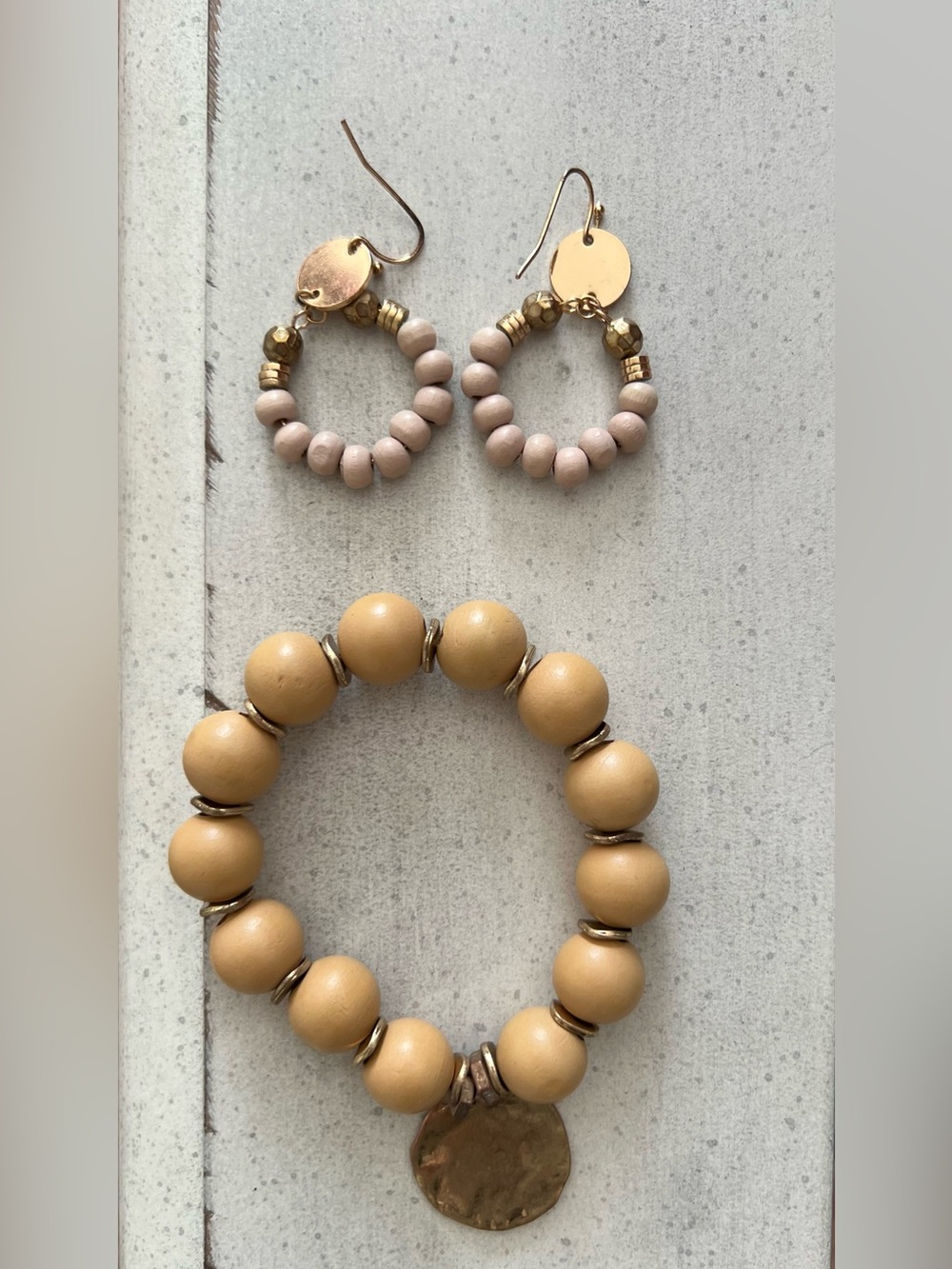 Beaded Hoop Drop Earrings & bracelet in Beige and Gold- Vici
